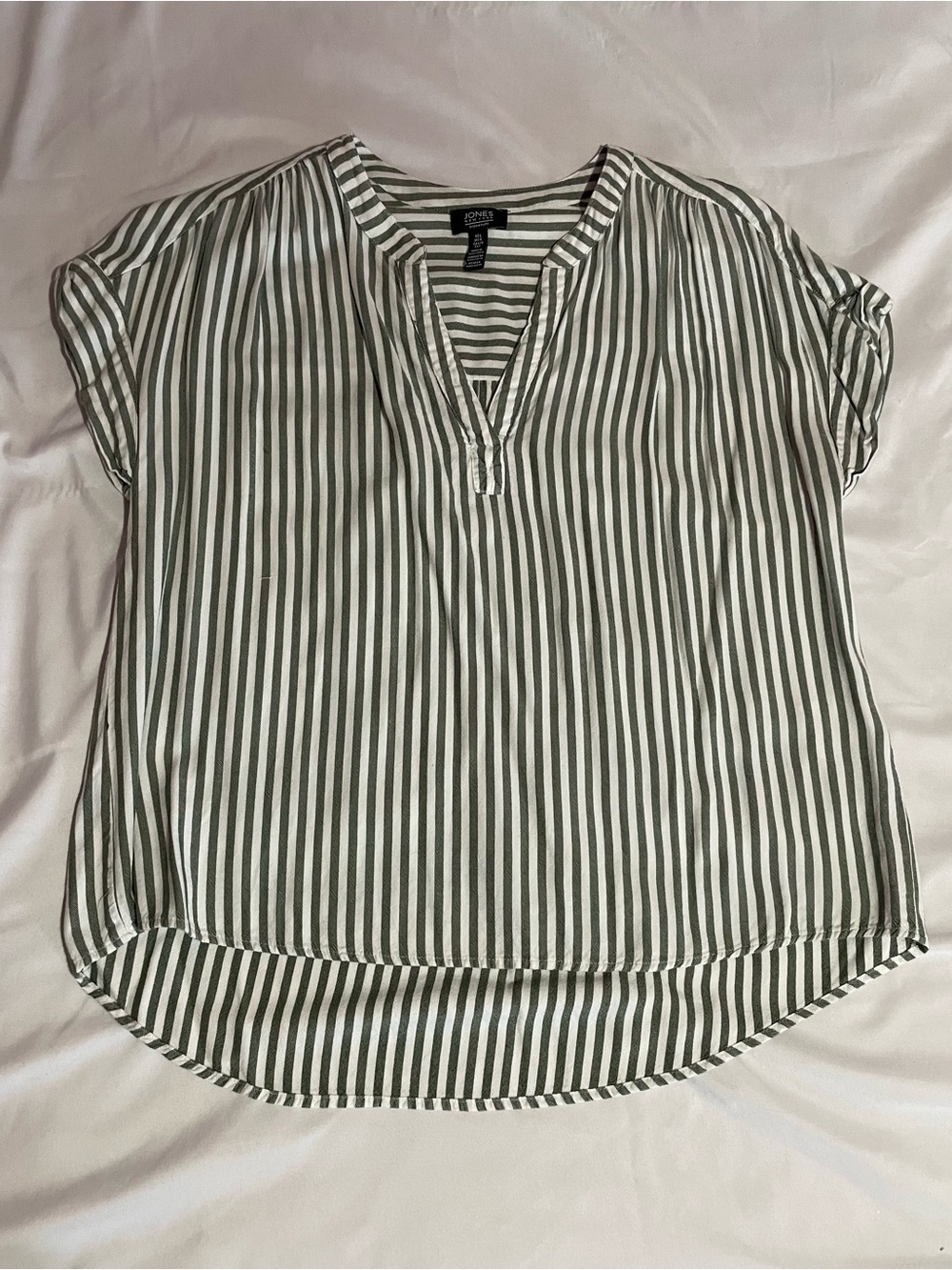 Jones New York Olive and White Vertical Stripe Short Sleeve Blouse
